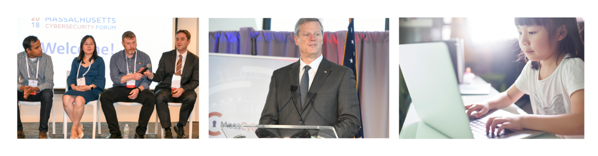 panelists, Gov. Baker, young girl at laptop