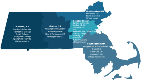 Cybersecurity Mentorship Map of Massachusetts marked with participating Colleges 