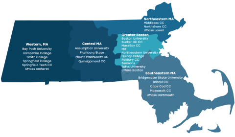 Cybersecurity Mentorship Map of Massachusetts marked with participating Colleges